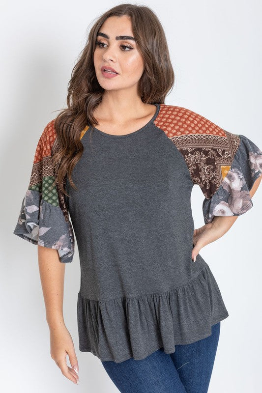 Plus Patchwork Ruffle Sleeve Tunic