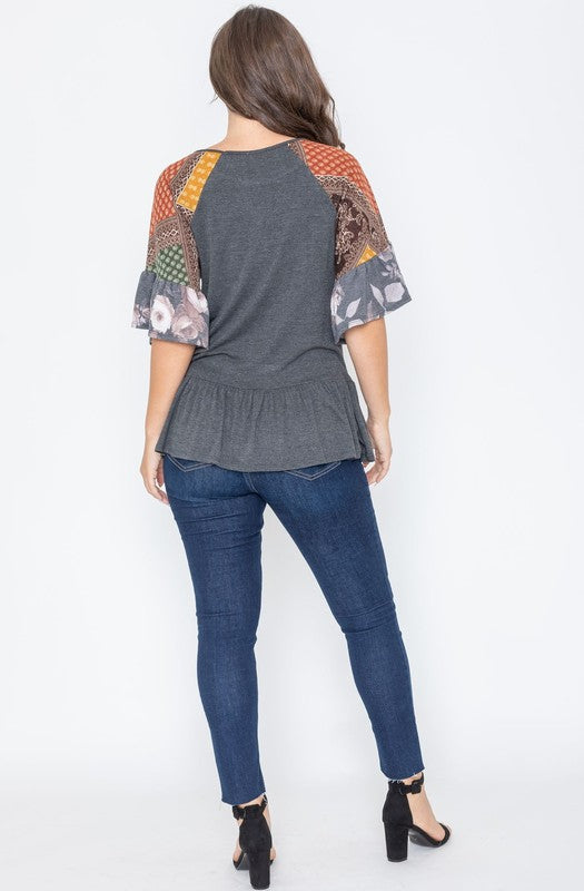 Plus Patchwork Ruffle Sleeve Tunic