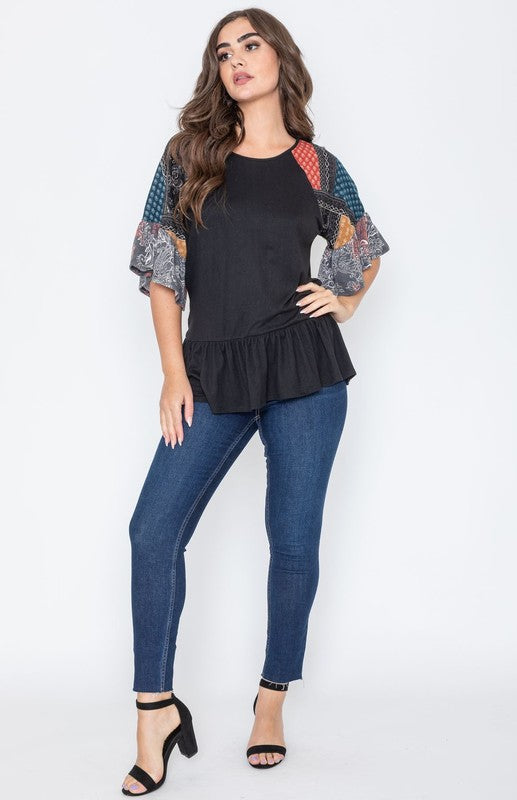 Plus Patchwork Ruffle Sleeve Tunic