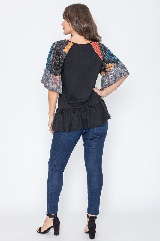 Plus Patchwork Ruffle Sleeve Tunic