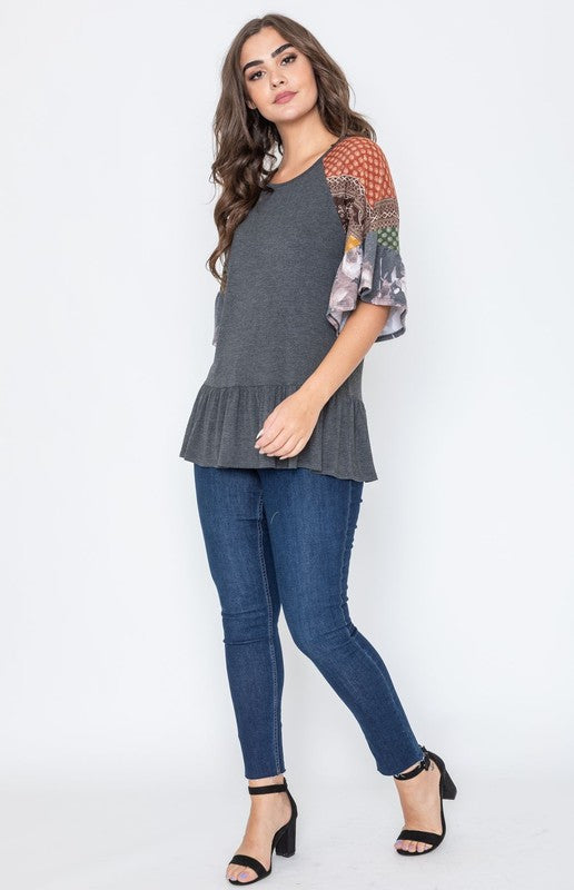 Plus Patchwork Ruffle Sleeve Tunic