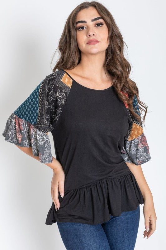 Plus Patchwork Ruffle Sleeve Tunic