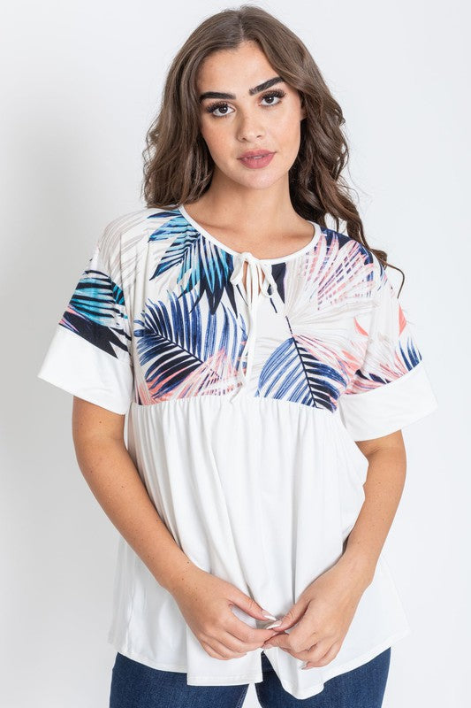 Plus Tropical Keyhole Tie Front Babydoll Tunic