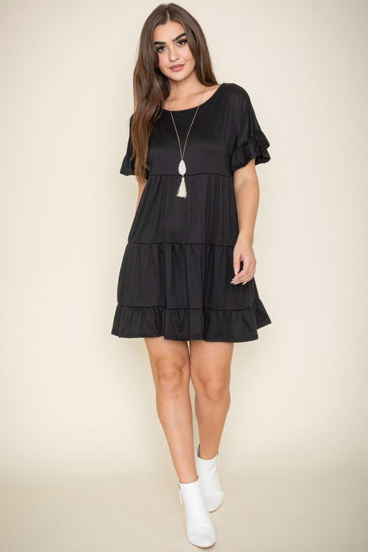 Plus Solid Ruffle Sleeve Tiered Dress
