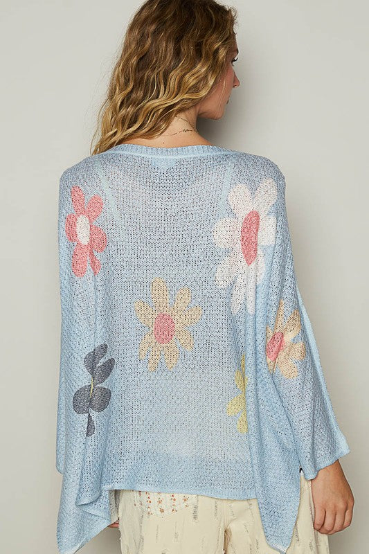 Baby Blue Flower Dropped Shoulder Cover Up Knit Top