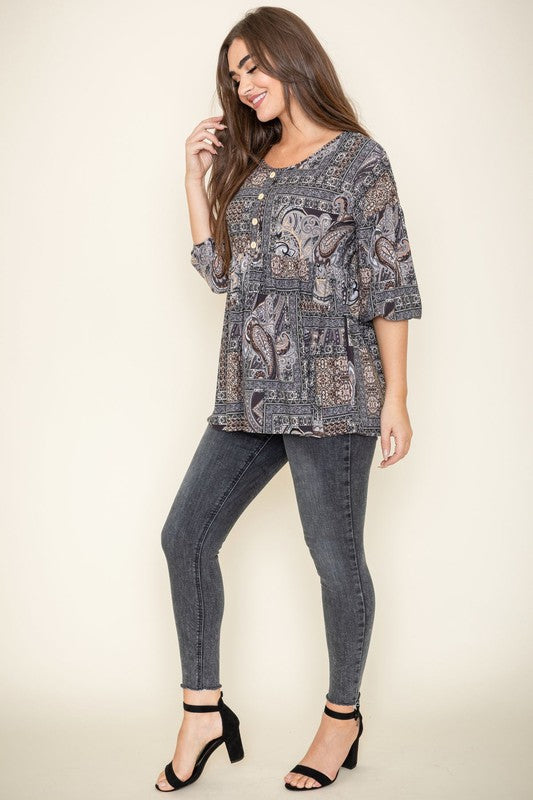 Paisley Button Accent Babydoll Blouse