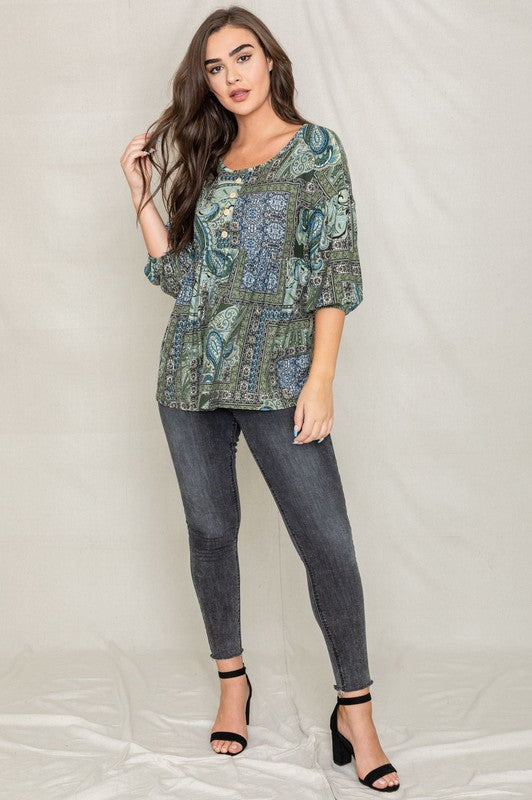 Paisley Button Accent Babydoll Blouse