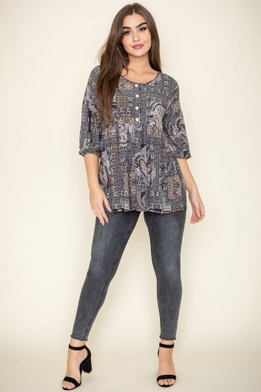 Paisley Button Accent Babydoll Blouse