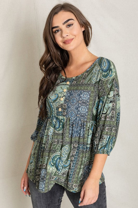 Paisley Button Accent Babydoll Blouse