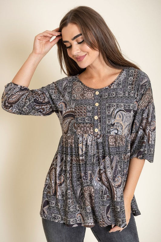 Paisley Button Accent Babydoll Blouse