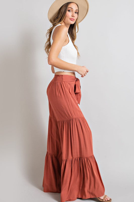 Tie Bow Smocked Tiered Wide Leg Pants