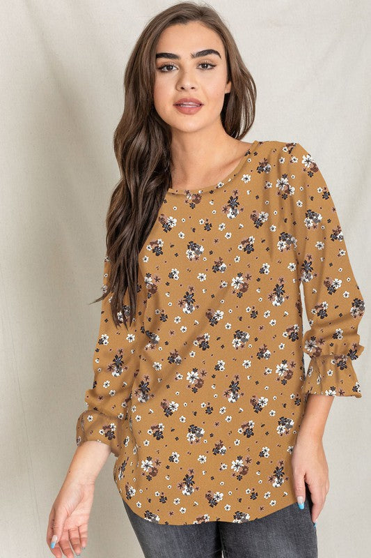 Floral 3/4 Ruffle Sleeve Tunic