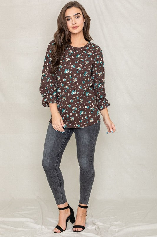 Floral 3/4 Ruffle Sleeve Tunic