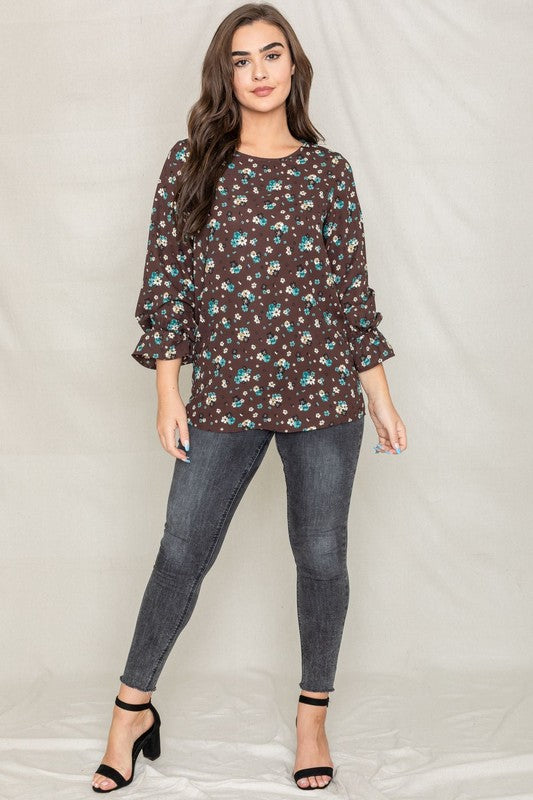 Floral 3/4 Ruffle Sleeve Tunic