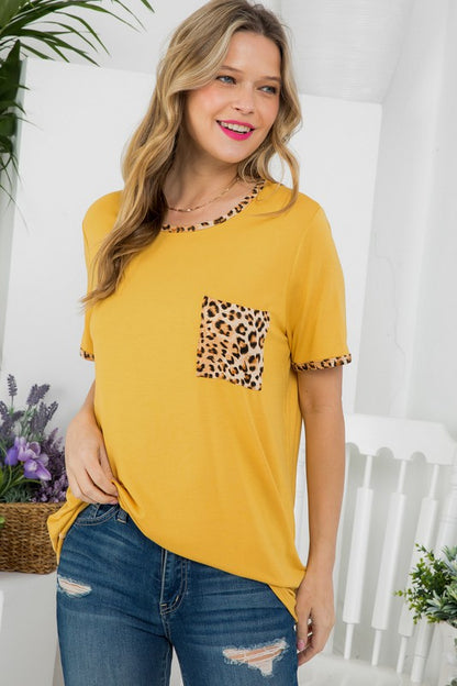 Plus Solid Leopard Contrast Pocket Tee