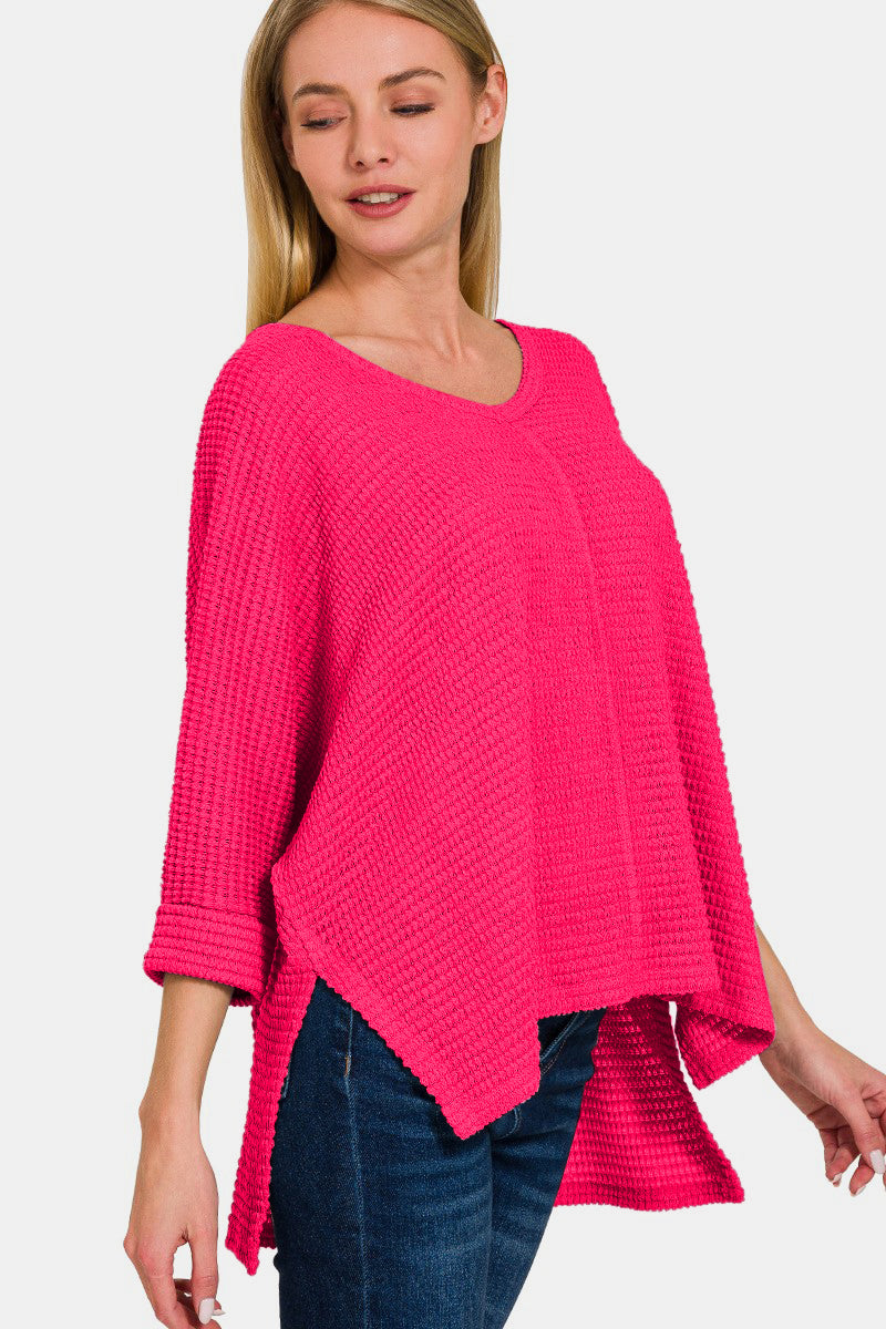 3/4 Sleeve V-Neck Hi-Low Hem Jacquard Sweater