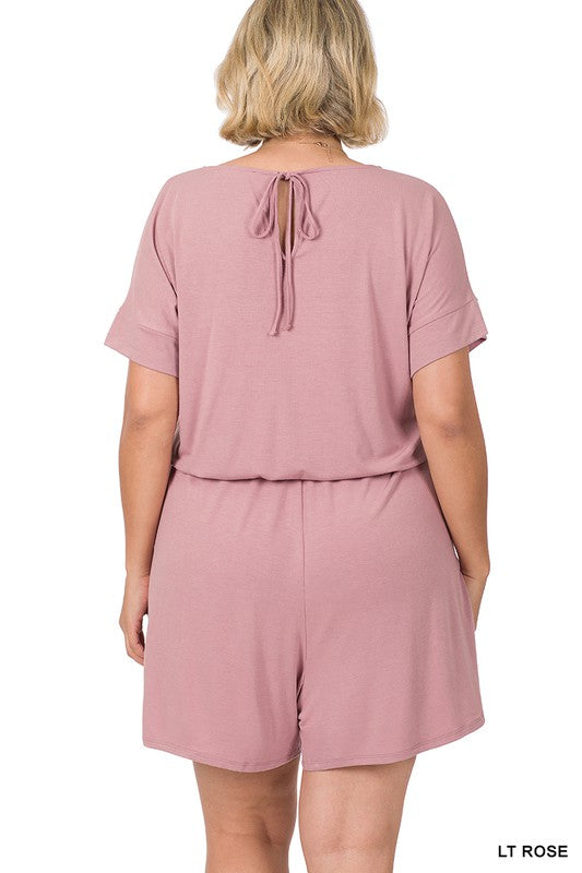 Plus Romper with Elastic Waist & Back Keyhole Opening