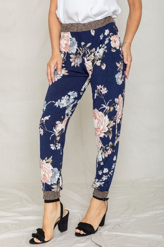 Navy Rose Floral Pull On Jogger