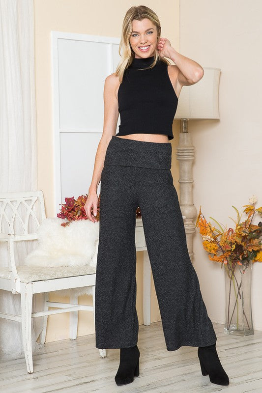 Rib Brushed Wide Leg Pants with Pockets