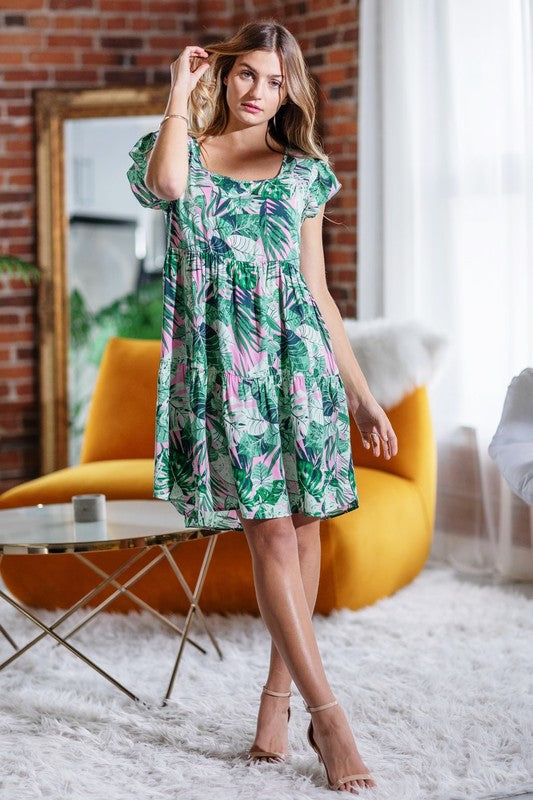 Tropical Flutter Sleeve Tiered Dress