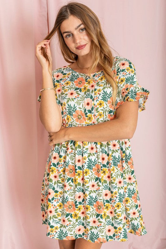 Plus Floral Ruffle Sleeve Babydoll Dress