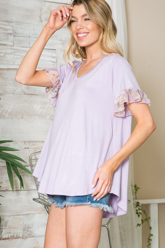 Floral Ruffle Sleeve Contrast V Neck Swing Top