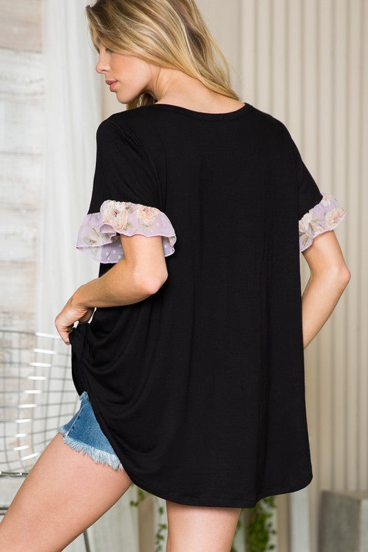 Floral Ruffle Sleeve Contrast V Neck Swing Top