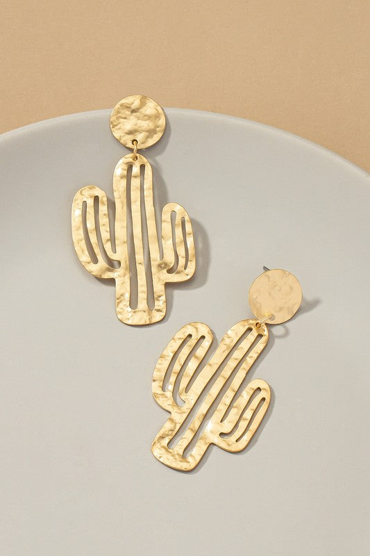 Hammered Thin Metal Openwork Cactus Drop Earrings