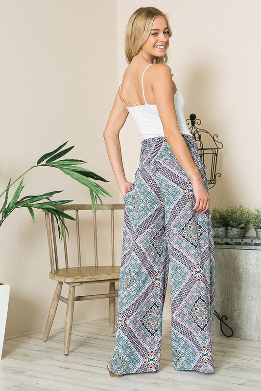 Boho Print Smocked Wide Leg Pants