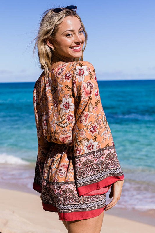 Boho Floral Surplice Bell Sleeve Romper