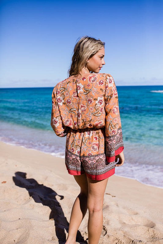 Boho Floral Surplice Bell Sleeve Romper