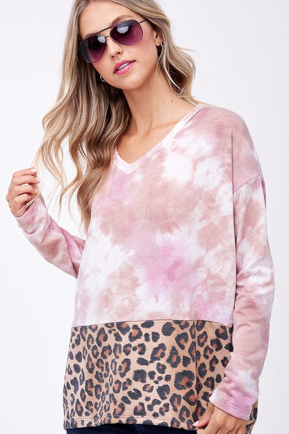 Plus Cloud Tie Dye Cheetah Mix Pullover Top