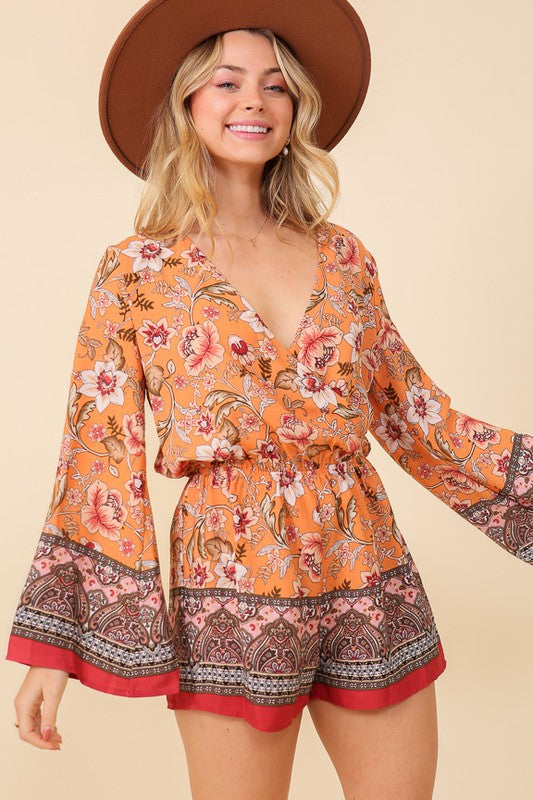 Boho Floral Surplice Bell Sleeve Romper