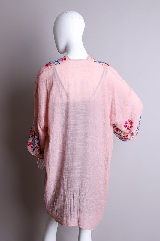 Pink Anemone Garland Embroidered Kimono