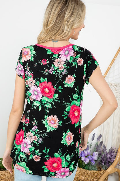 Plus Floral Contrast Lace Up V Neck Top