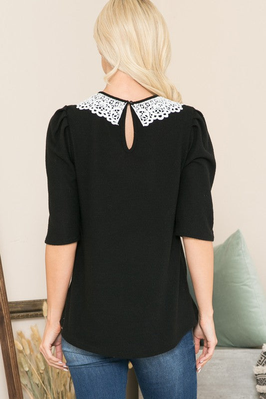 Lace Collared Puff Sleeve Knit Top