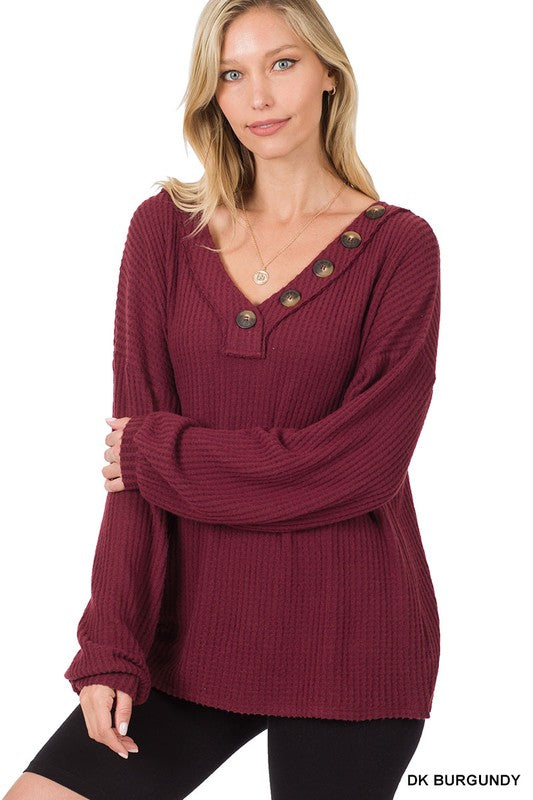 Brushed Thermal Waffle Button Detail Sweater