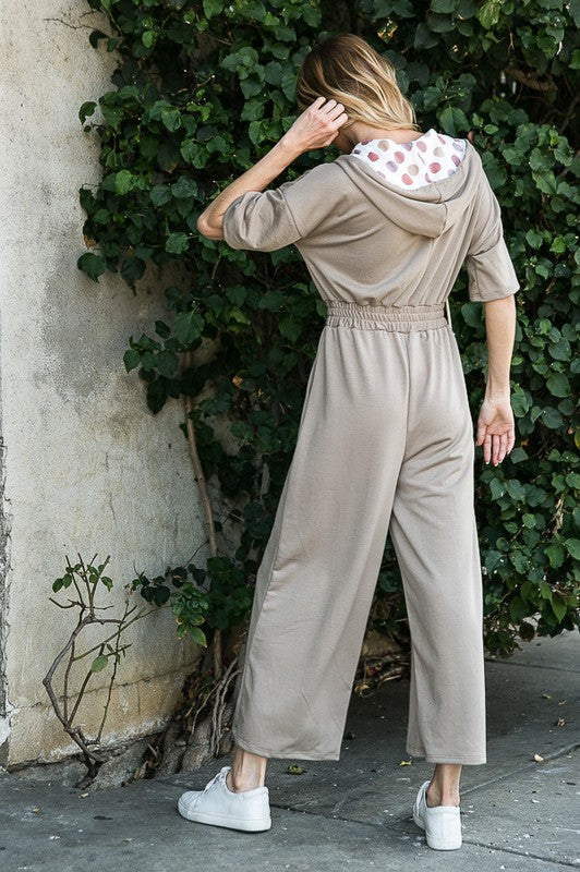 French Terry Contrast Hoodie Jumpsuit w/ Pockets