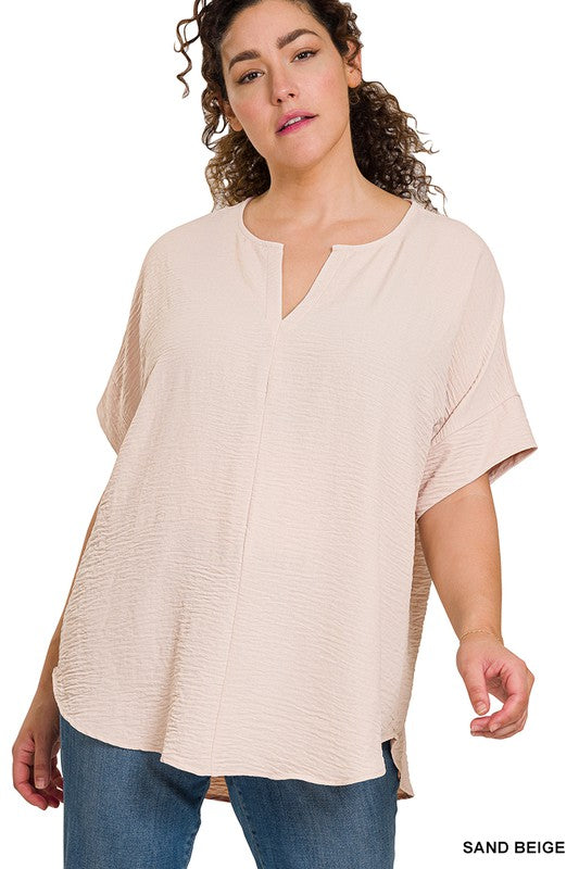 Plus Woven Airflow Split Neck Short Sleeve Top