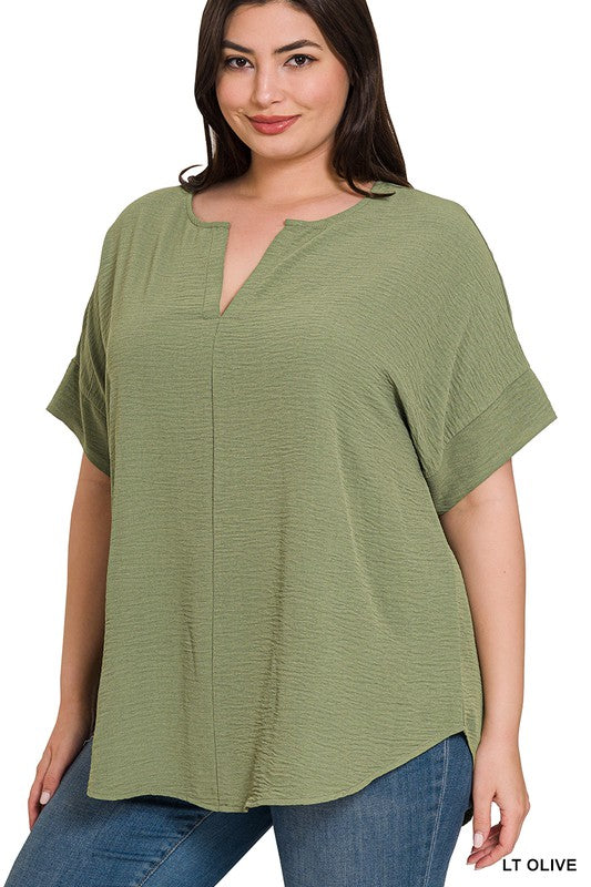 Plus Woven Airflow Split Neck Short Sleeve Top