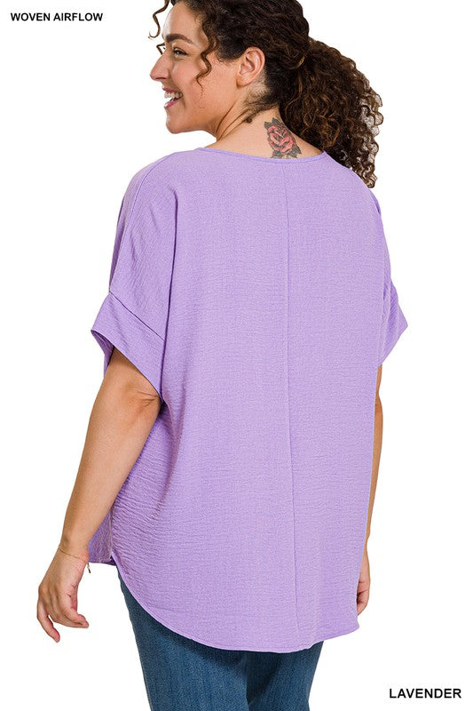 Plus Woven Airflow Split Neck Short Sleeve Top