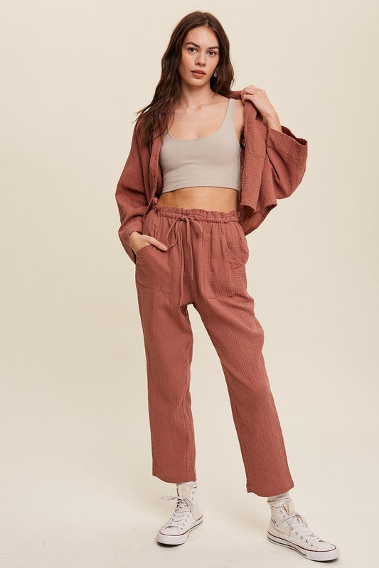 Cotton Gauze Button Down Shirt and Paperbag Pants Set