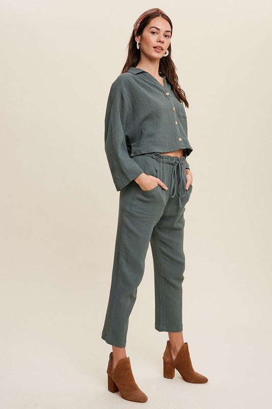 Cotton Gauze Button Down Shirt and Paperbag Pants Set