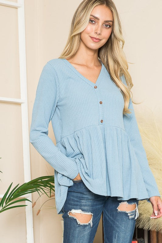 Button Detail Ribbed Knit Babydoll Top