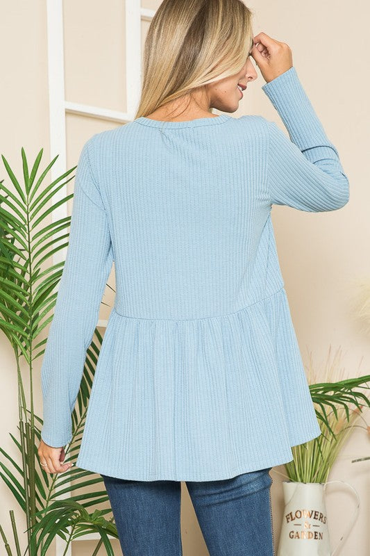 Button Detail Ribbed Knit Babydoll Top