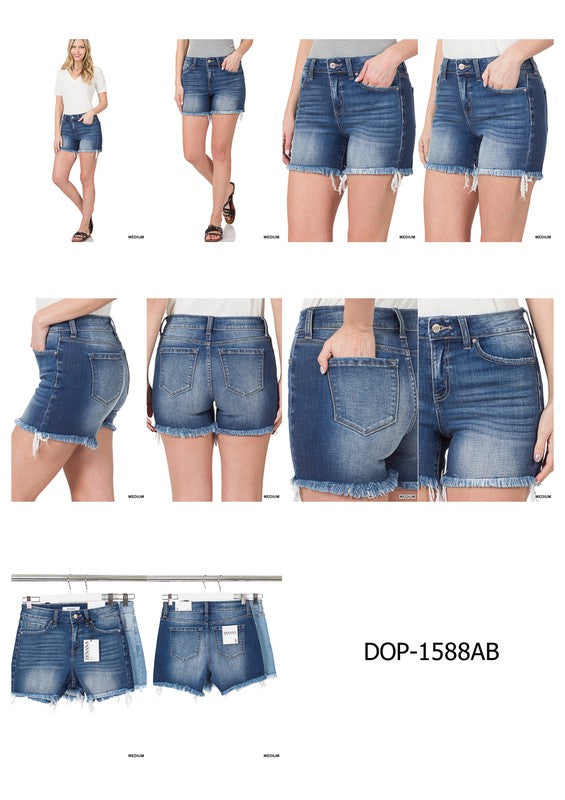 Mid Rise Raw Frayed Hem Denim Shorts