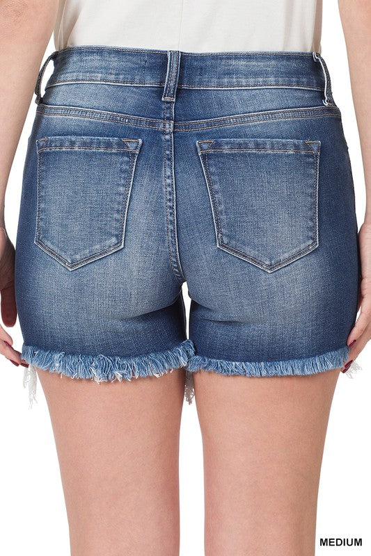 Mid Rise Raw Frayed Hem Denim Shorts