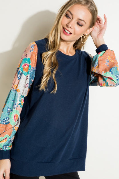 Floral Woven Bubble Puff Sleeve Top