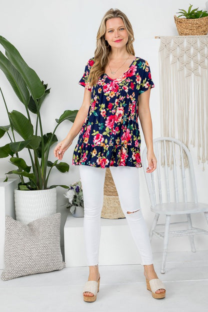 Plus Floral V-Neck Ruffle Hem Babydoll Tunic