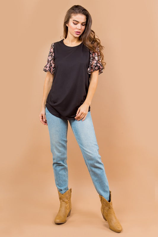 Mesh Ruffle Sleeve Top